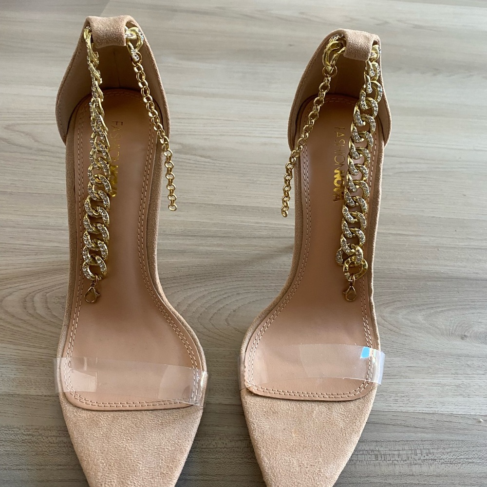 NWOT Nude Heels and Rhinestone Gold Strap